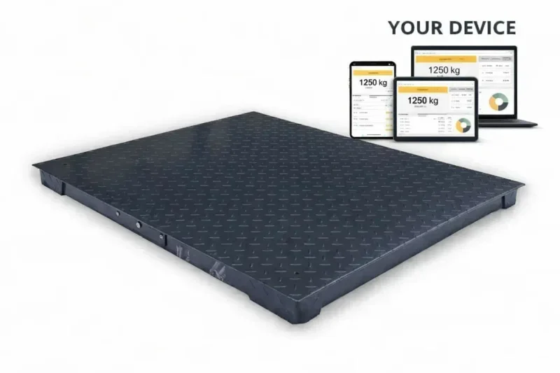 Presentation image of an FKN floor scale with a dark platform and external devices for operation.