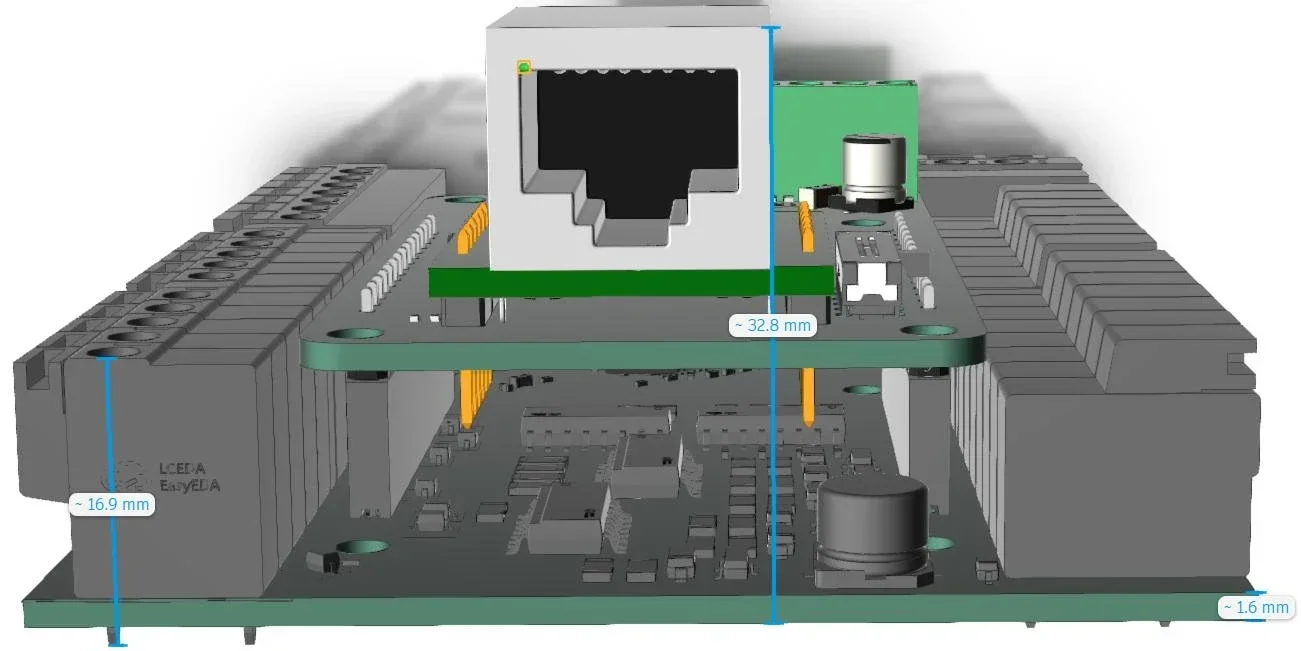 Neutron NS drawing from the datasheet showing the Ethernet side and heights of 16.9, 32.8 and 1.6 mm.