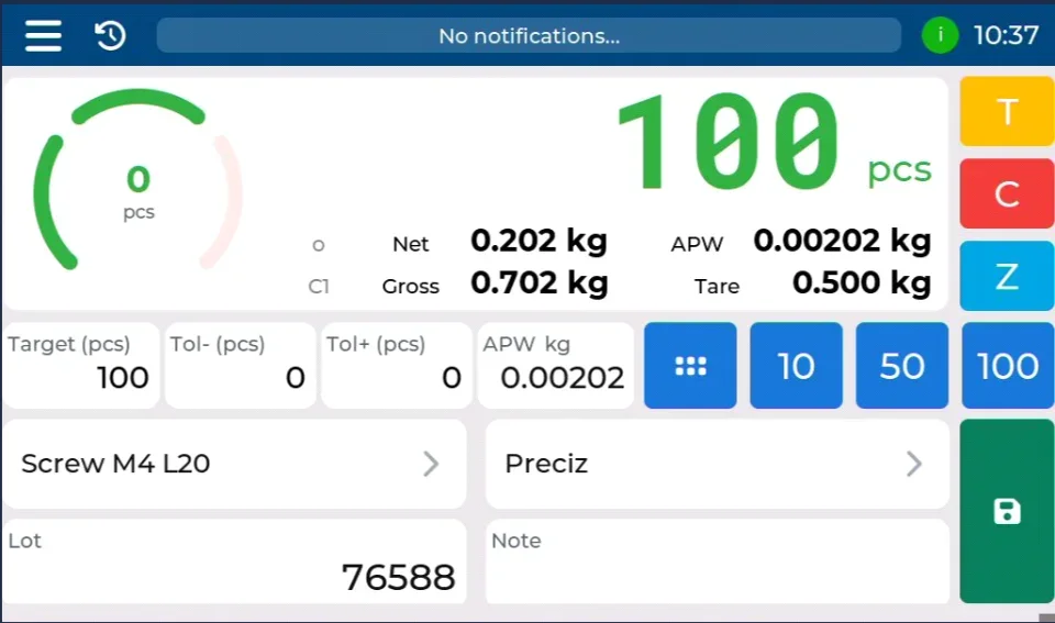 The parts counting application screen on Neutron NT