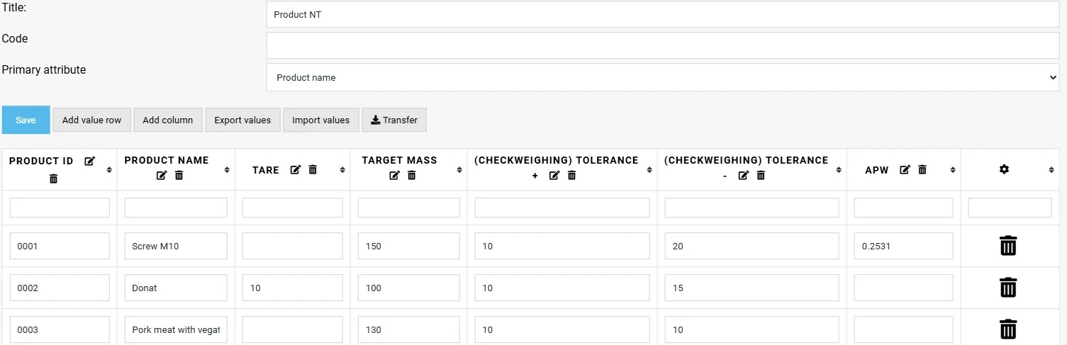 Database editor showing products, tare, target weight, tolerances and average piece weight.