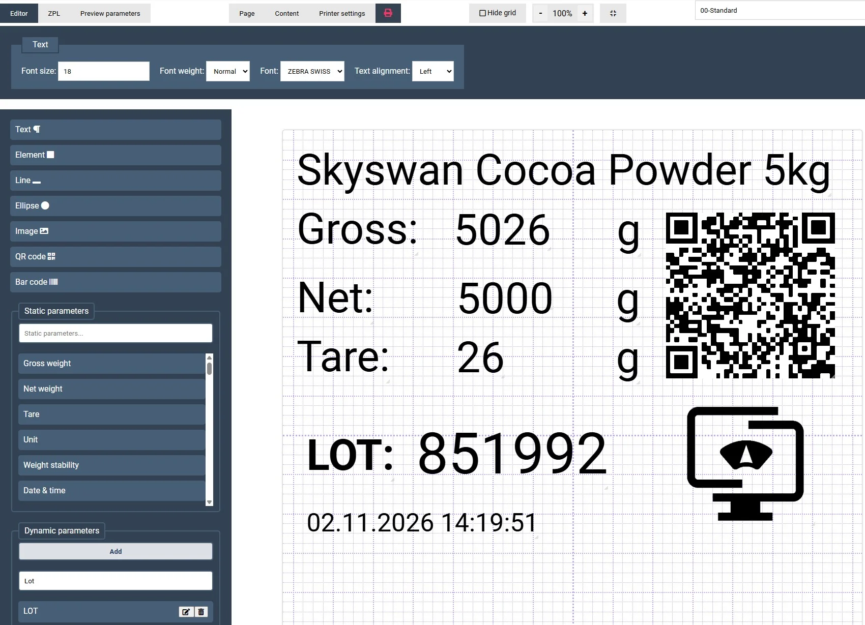 Label editor with weight, tare, batch, date, logo and QR code.
