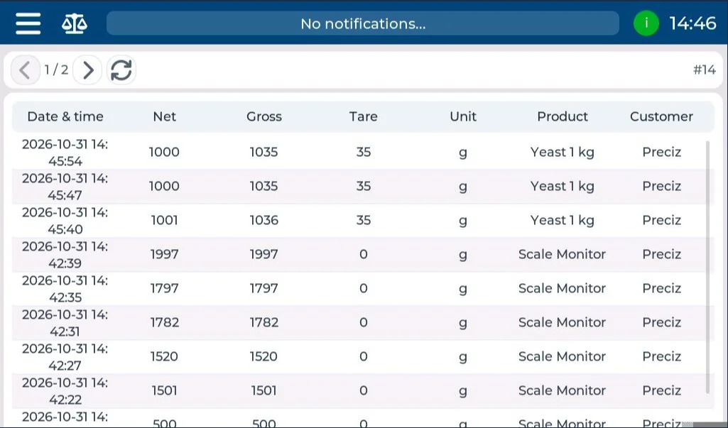 Example of a Neutron NT weighing-history table with date, weight, tare, product and customer.