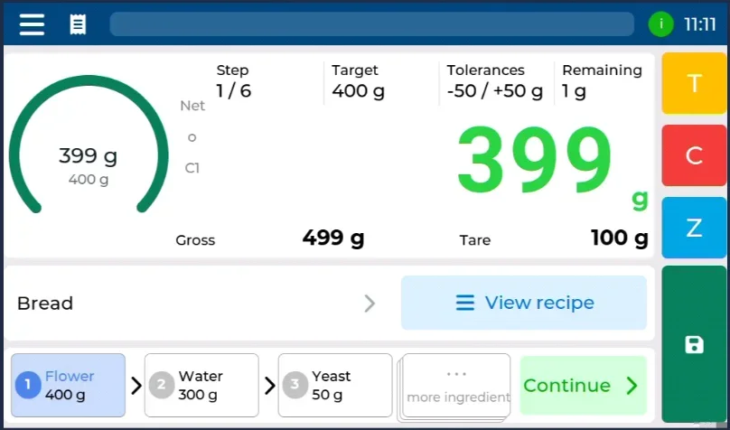 The recipe weighing application screen on Neutron NT
