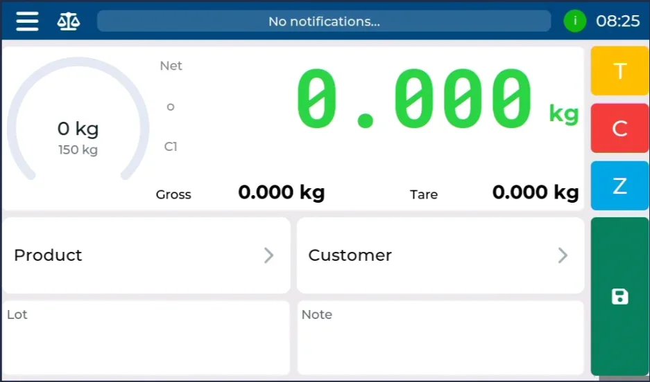 The weighing application screen on Neutron NT