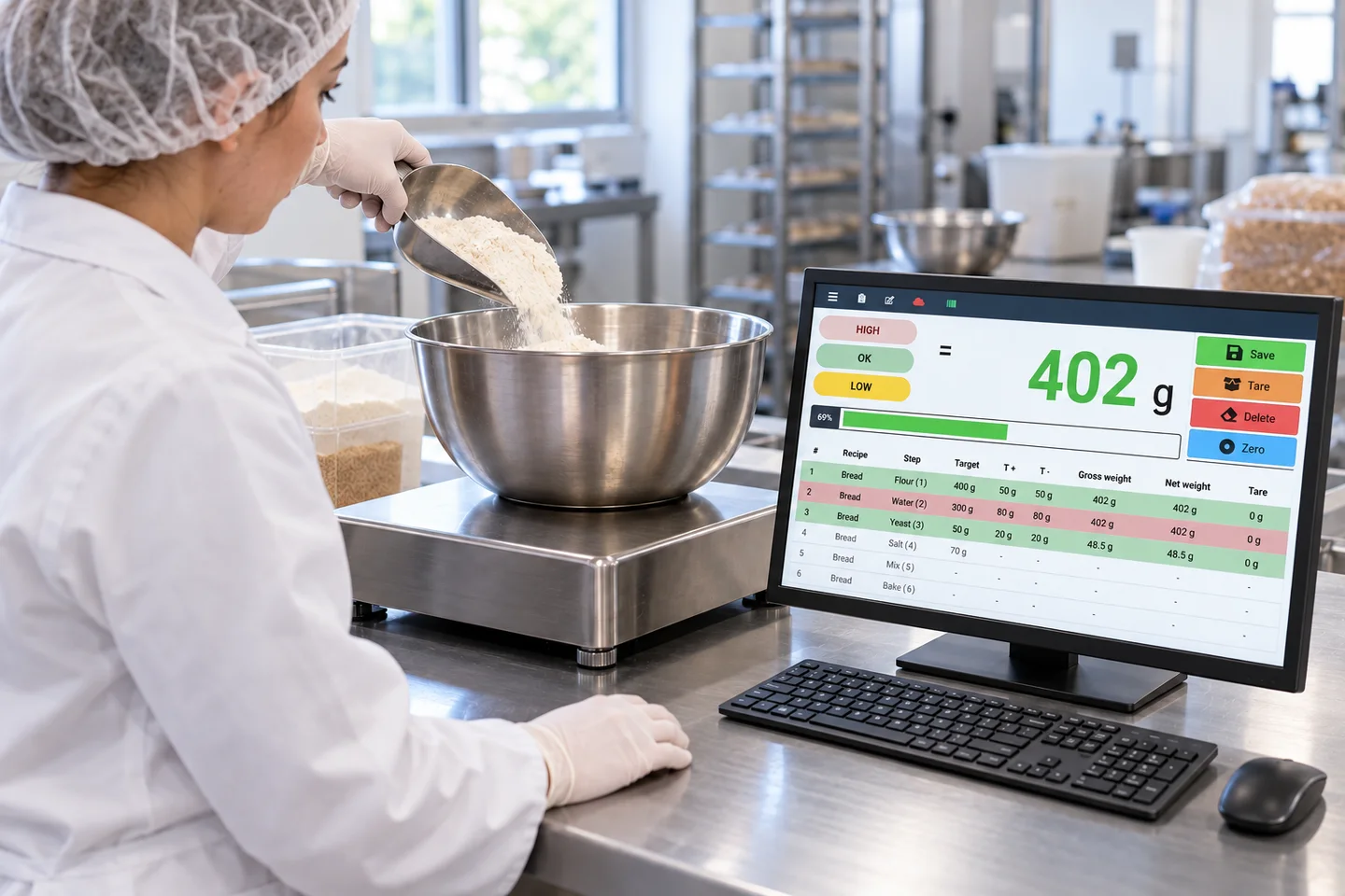 Un operatore prepara una ricetta accanto a una bilancia e a un computer con Scale Monitor Recipe.