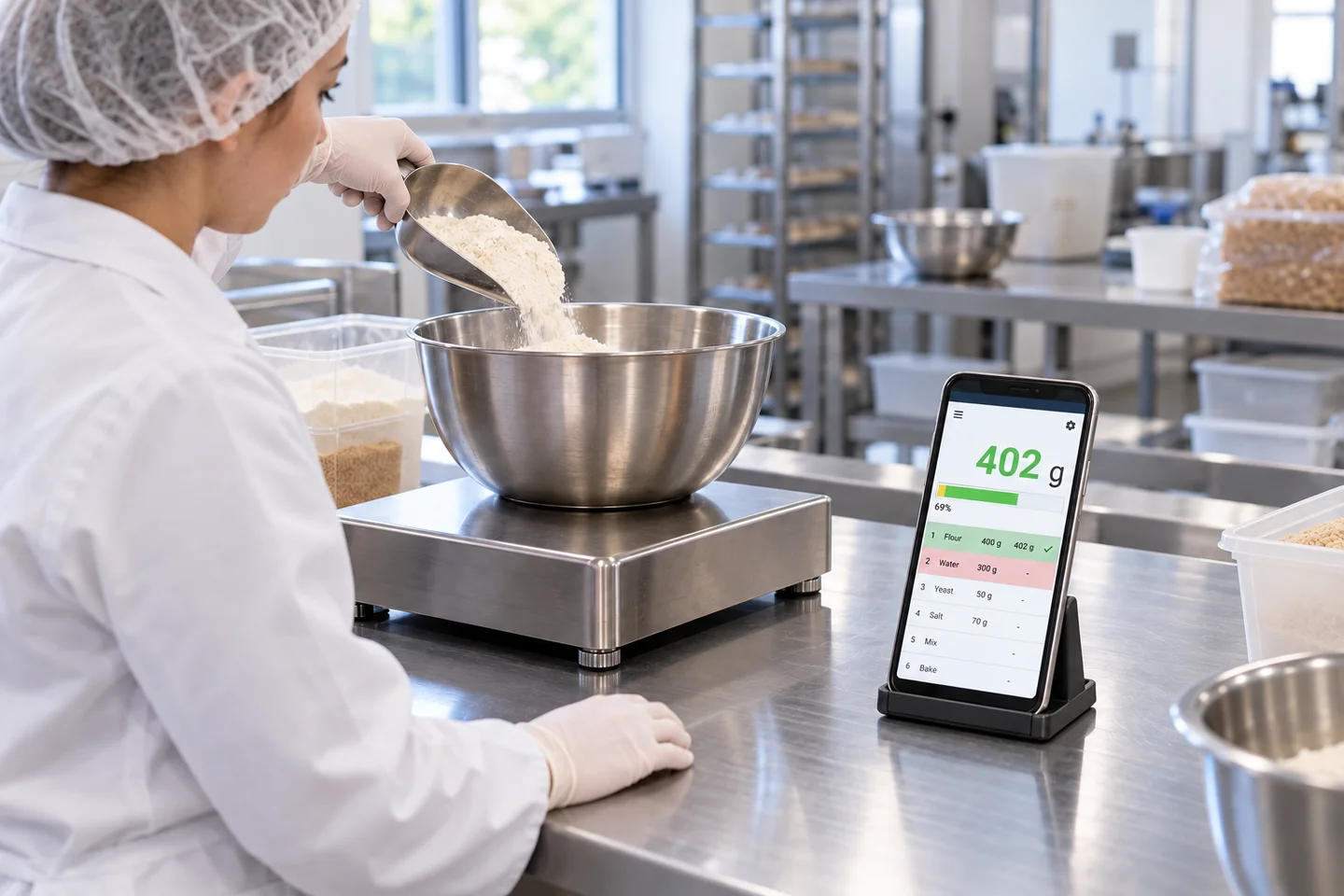 Un operatore aggiunge un ingrediente in una ciotola sulla bilancia accanto a un telefono con applicazione delle ricette.