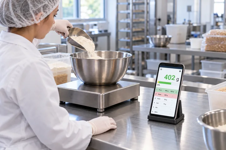 Illustrative scene of dosing on a platform with Scale Monitor on a phone beside the scale.