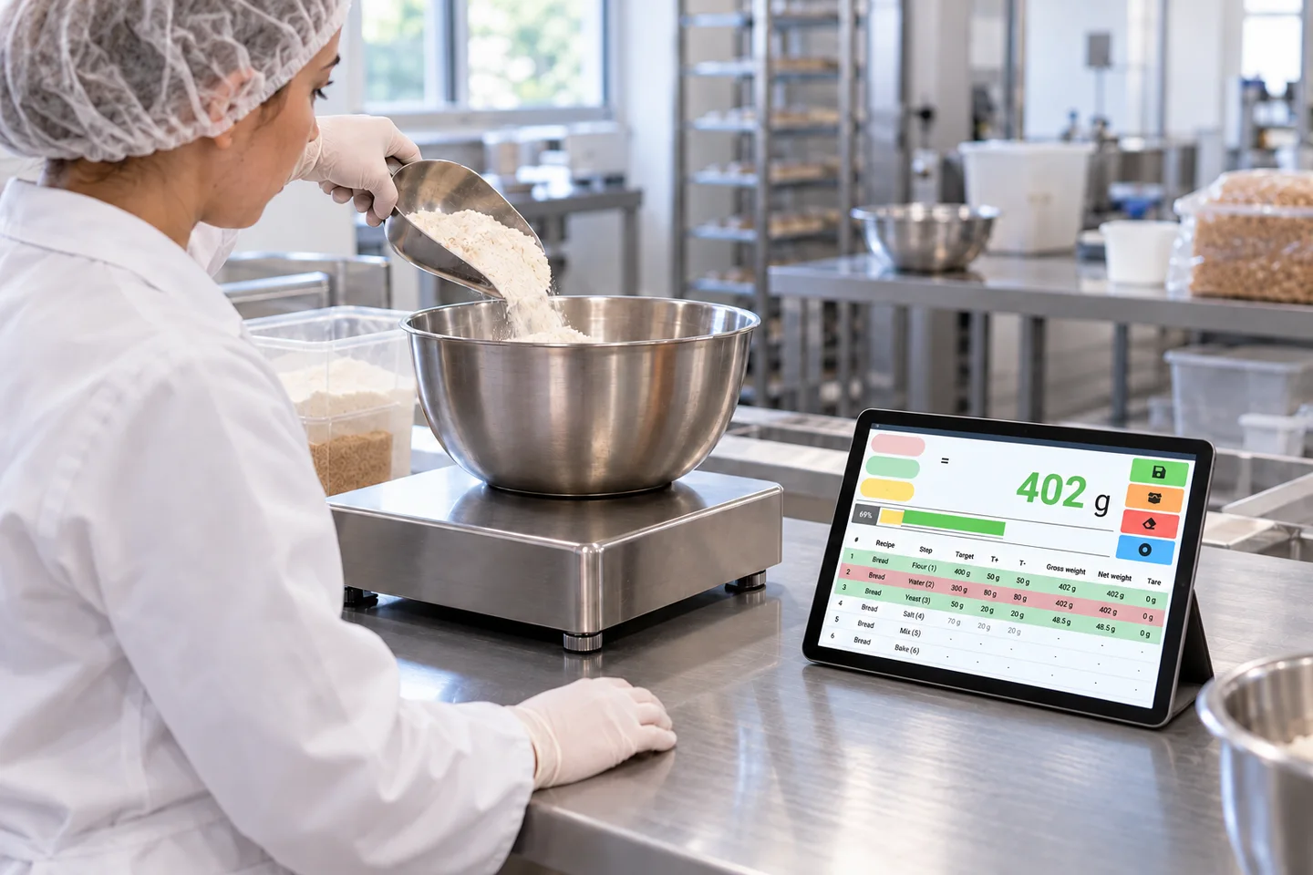 Un operatore prepara una miscela sulla bilancia accanto a un tablet con applicazione delle ricette.