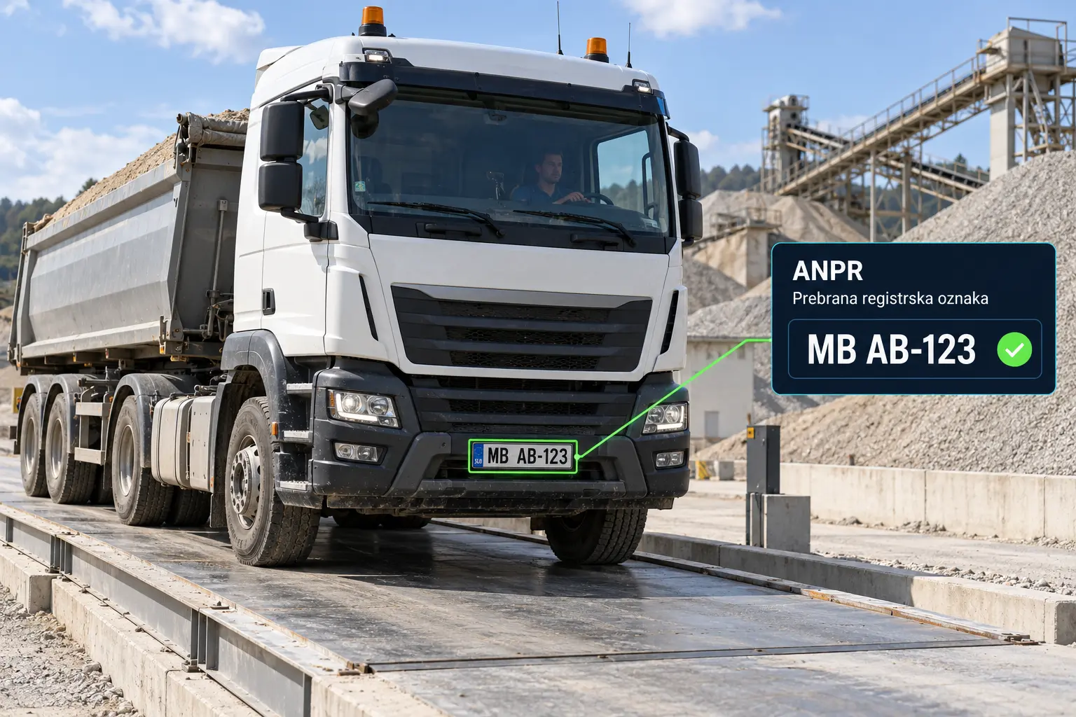 ANPR na tovornjaku označi registrsko tablico MB AB-123 in ob njej izpiše prebrano registrsko oznako.