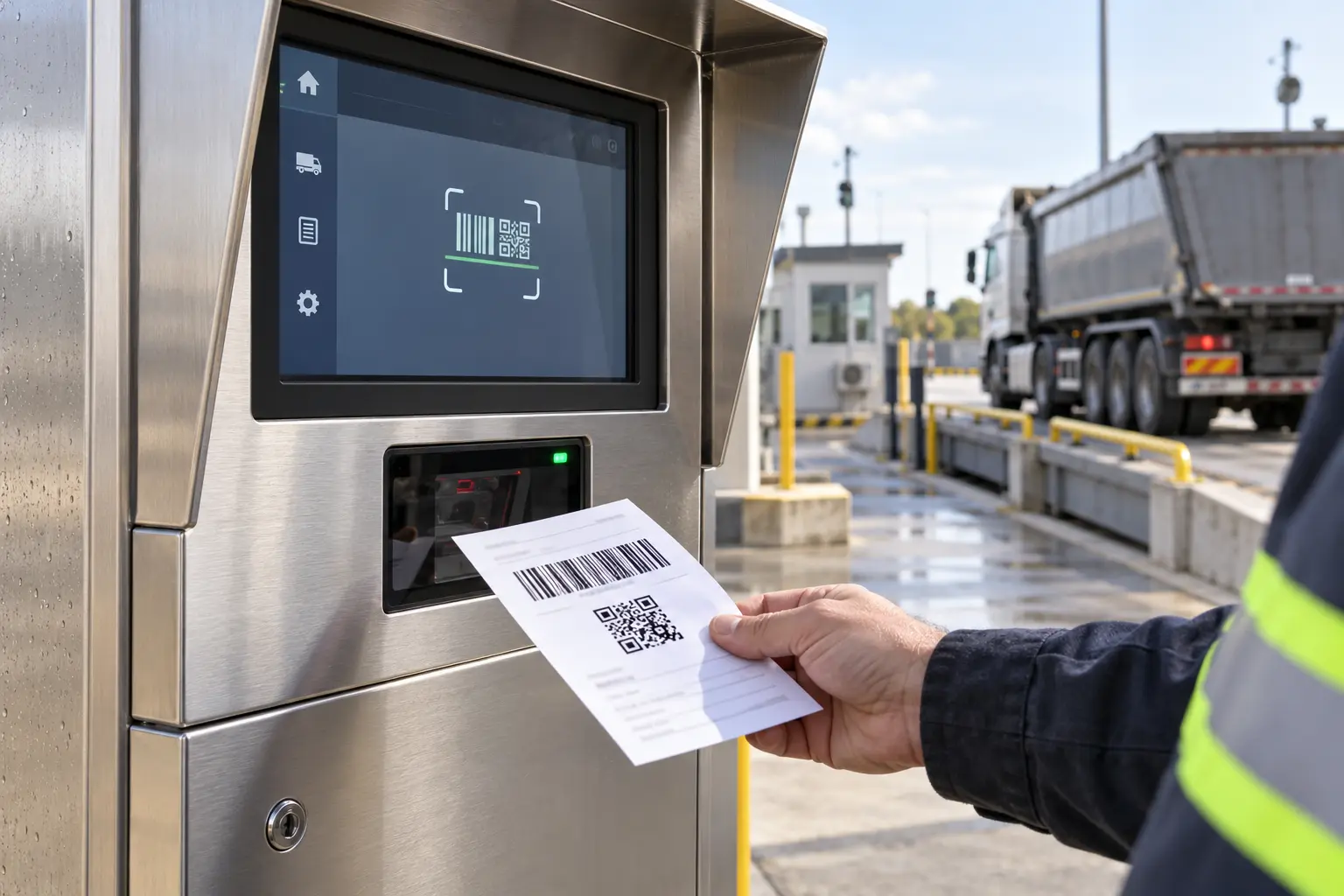 Čitalec črtnih in QR-kod, vgrajen v samopostrežni tehtalni terminal, za skeniranje dokumentov.