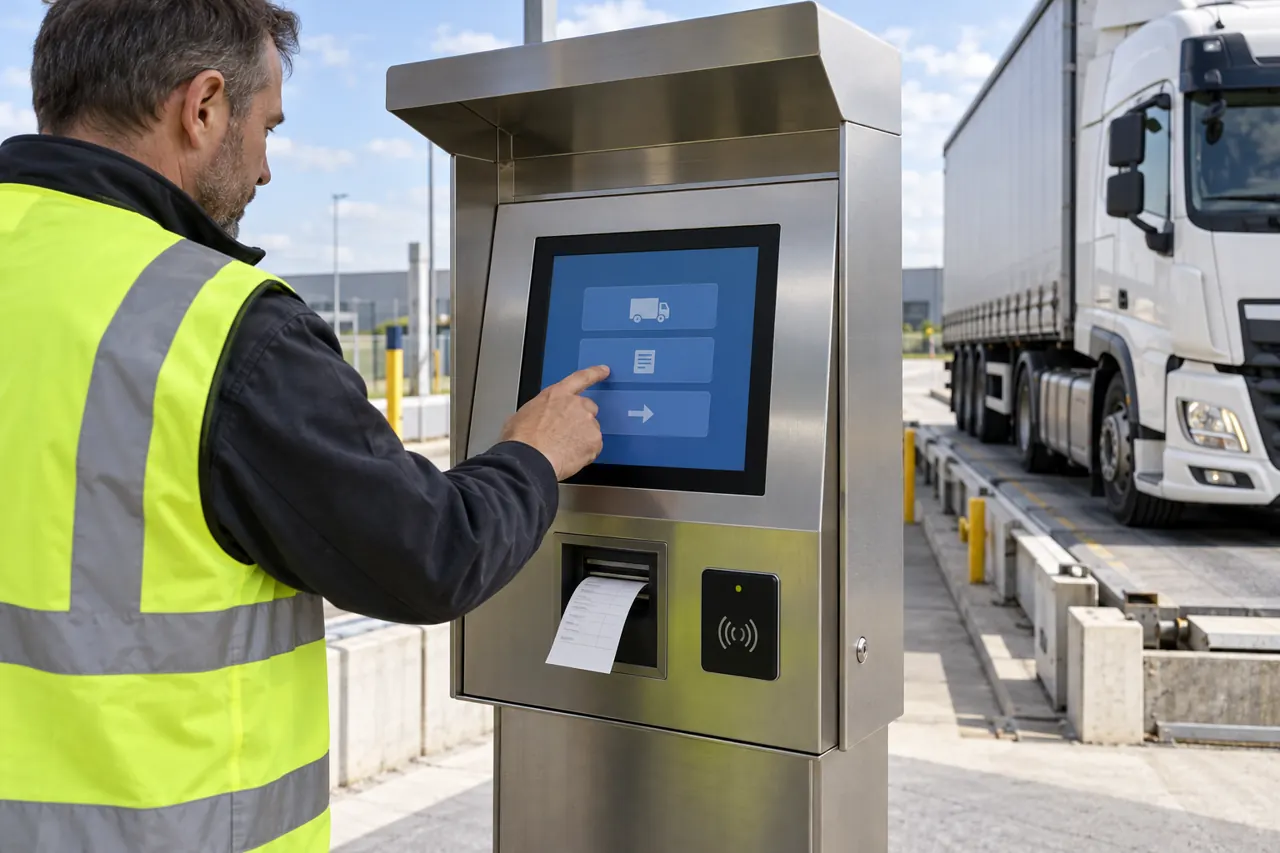 Voznik uporablja samopostrežni tehtalni terminal z zaslonom, čitalnikom in tiskalnikom.