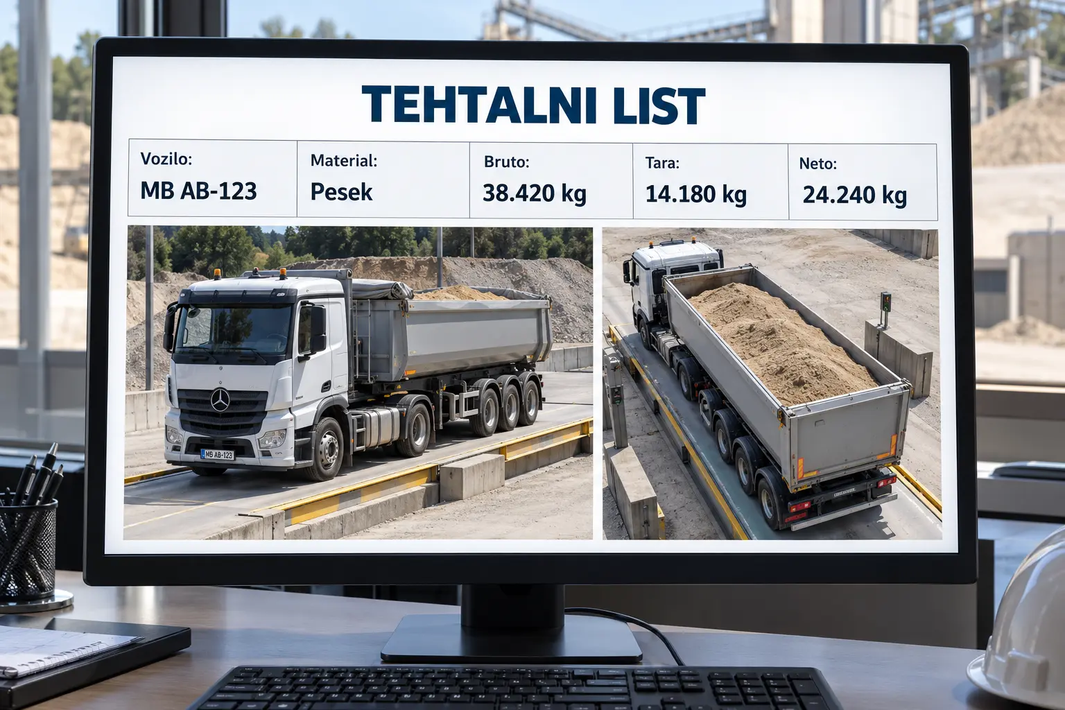 Tehtalni list na monitorju s podatki tehtanja in fotografijama tovornjaka s kesonom, napolnjenim s peskom.
